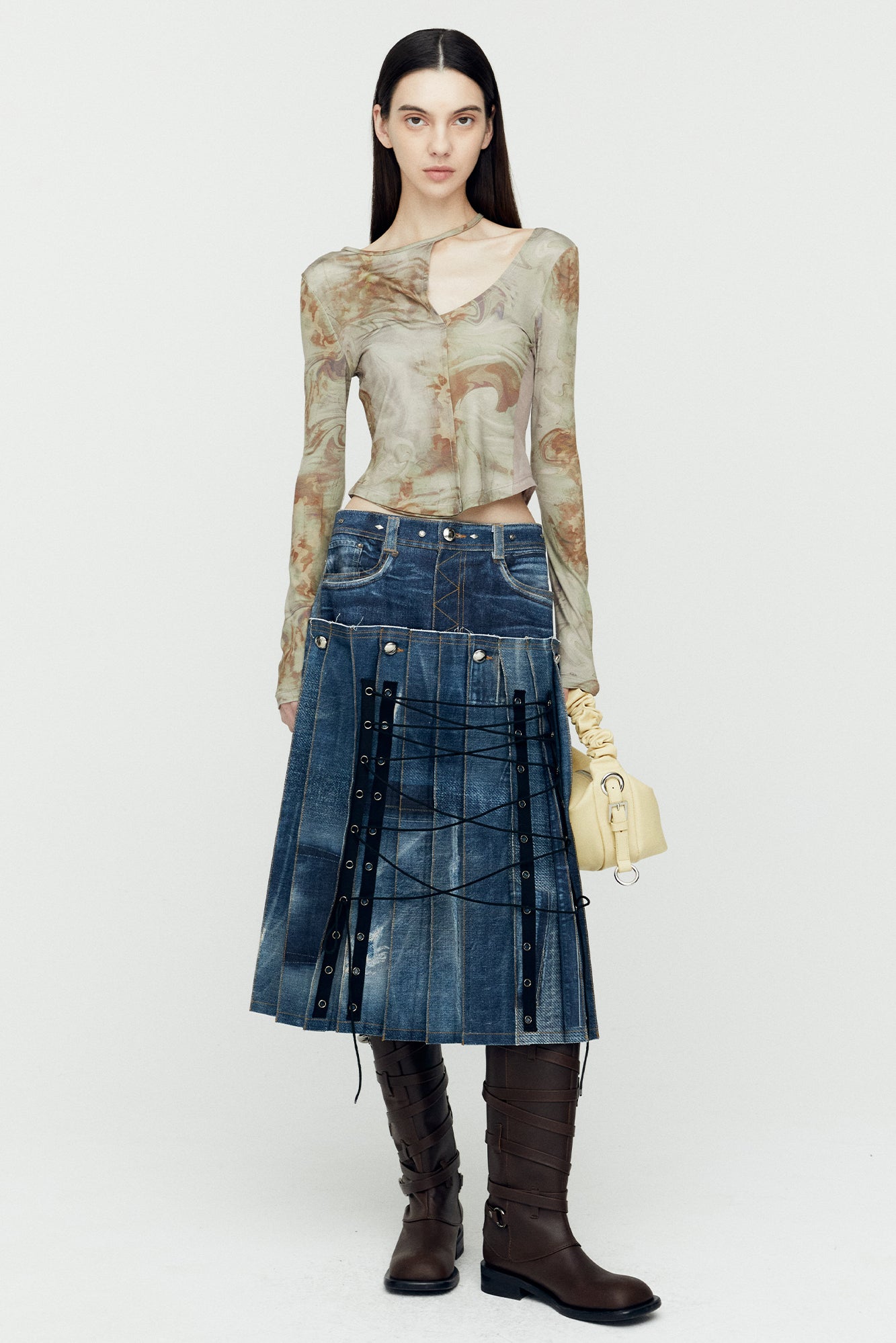 Andersson Bell - Denim Trompe L`oeil Pleats Long Skirt (Blue) product image 2 | TRAB K-Fashion Australia