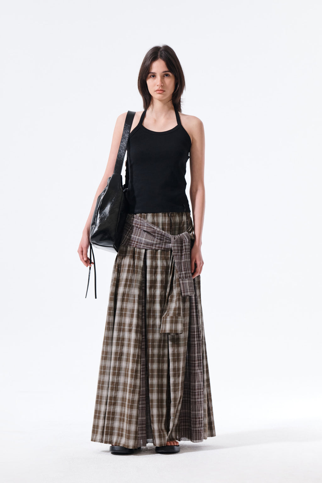 Matin Kim - Mixed Check Sleeve Tie Flare Skirt (Brown) product image 9 | TRAB K-Fashion Australia