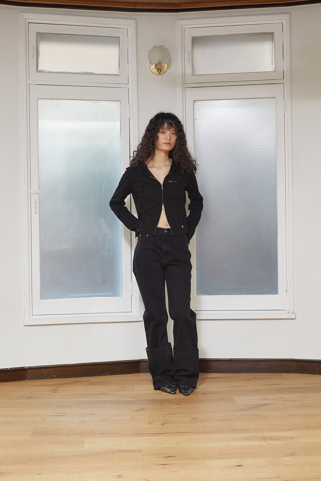 Matin Kim - Sleeve Slit Point Hoody Zip Up (Black) product image 10 | TRAB K-Fashion Australia