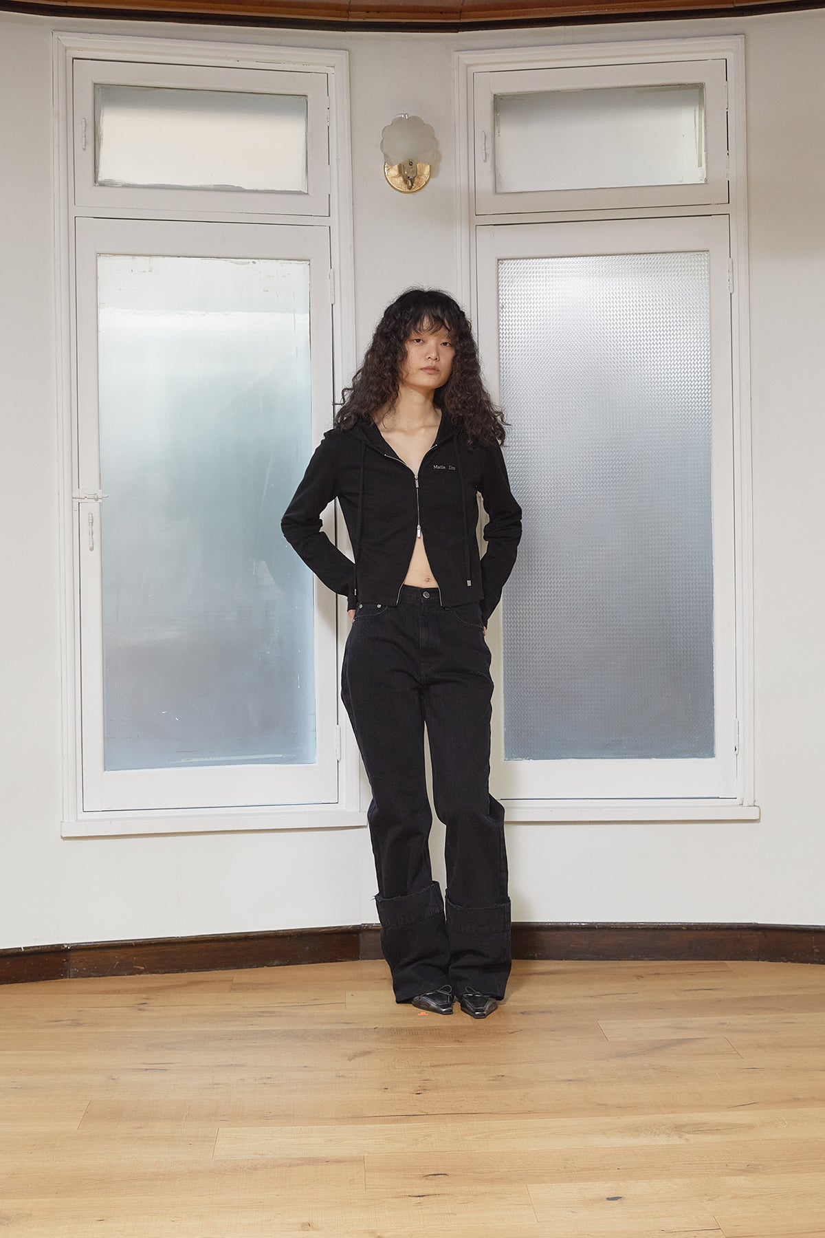 Matin Kim - Sleeve Slit Point Hoody Zip Up (Black) product image 10 | TRAB K-Fashion Australia