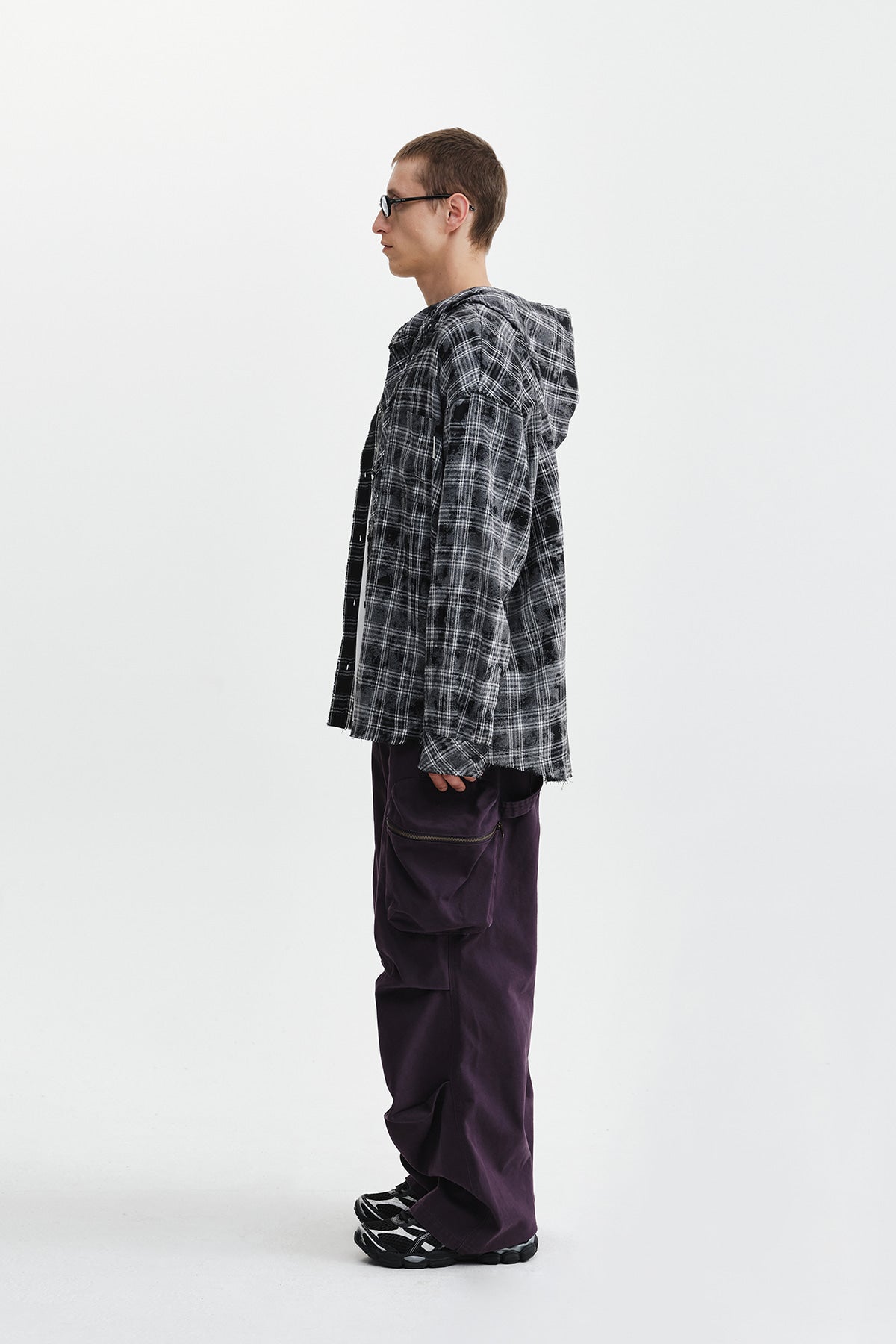 Matin Kim - Raw Cut Check Hooded Shirt (Black) product image 7 | TRAB K-Fashion Australia