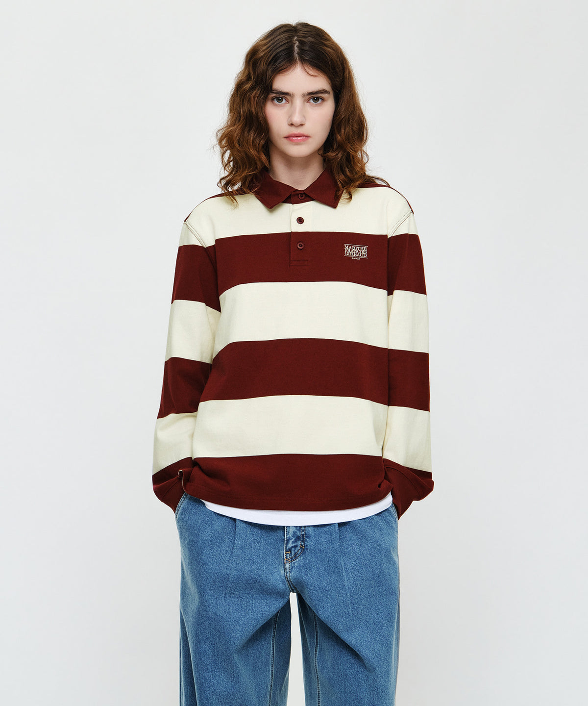 Marithe & Francois Girbaud - Small Classic Logo Rugby Collar Long Sleeve Tee (Burgundy) product image 1 | TRAB K-Fashion Australia