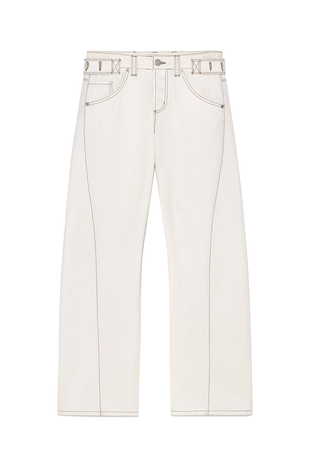 Matin Kim - Waist Buckle Curved Twill Denim Pants (White) product image 1 | TRAB K-Fashion Australia