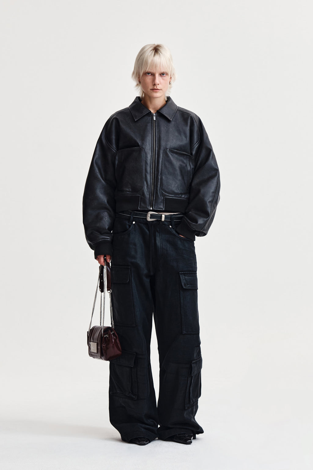 Matin Kim - Faux Leather Out Pocket Jumper (Charcoal) product image 8 | TRAB K-Fashion Australia