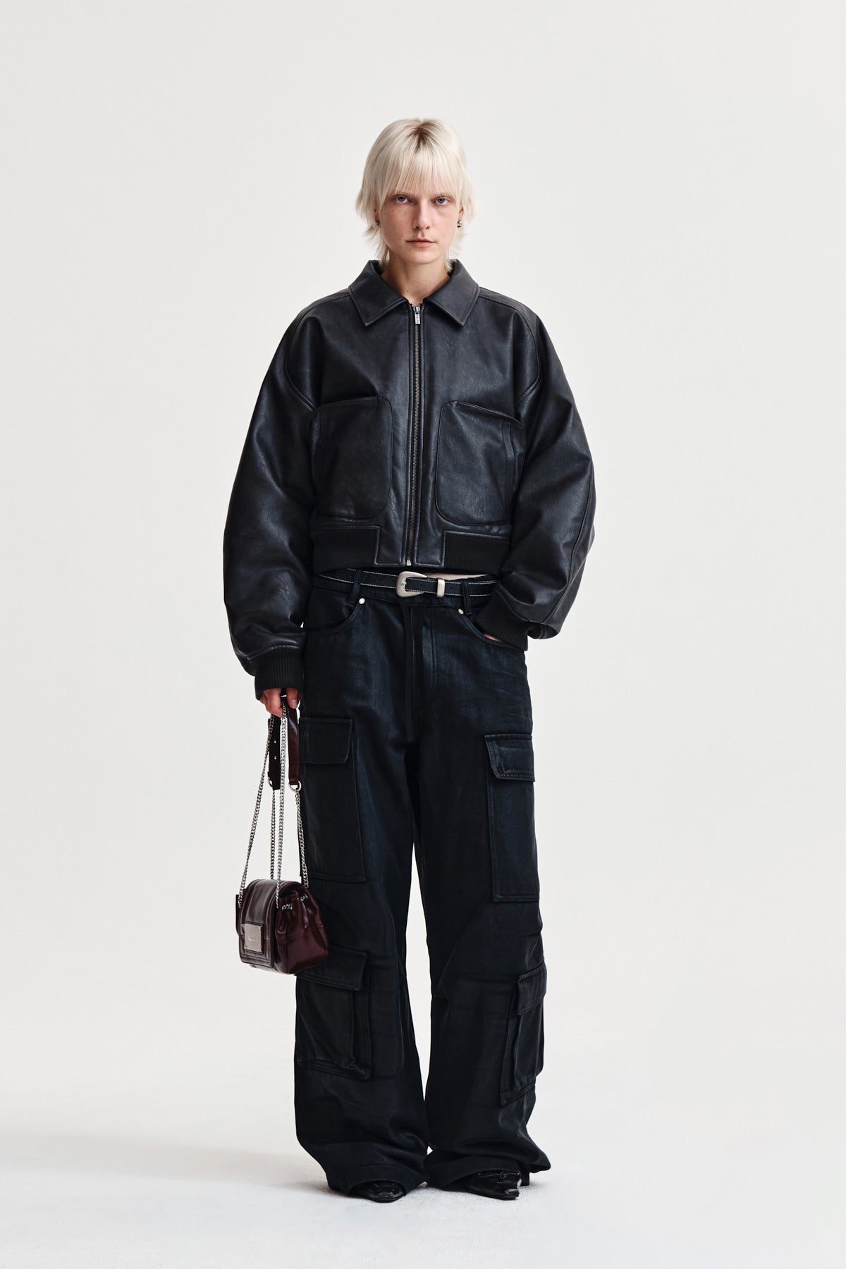 Matin Kim - Faux Leather Out Pocket Jumper (Charcoal) product image 8 | TRAB K-Fashion Australia