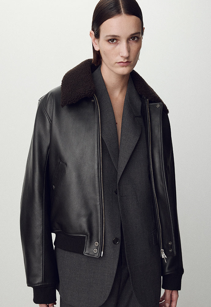 Tonywack - Shearling Collar Leather Bomber Jacket (Black) product image 1 | TRAB K-Fashion Australia