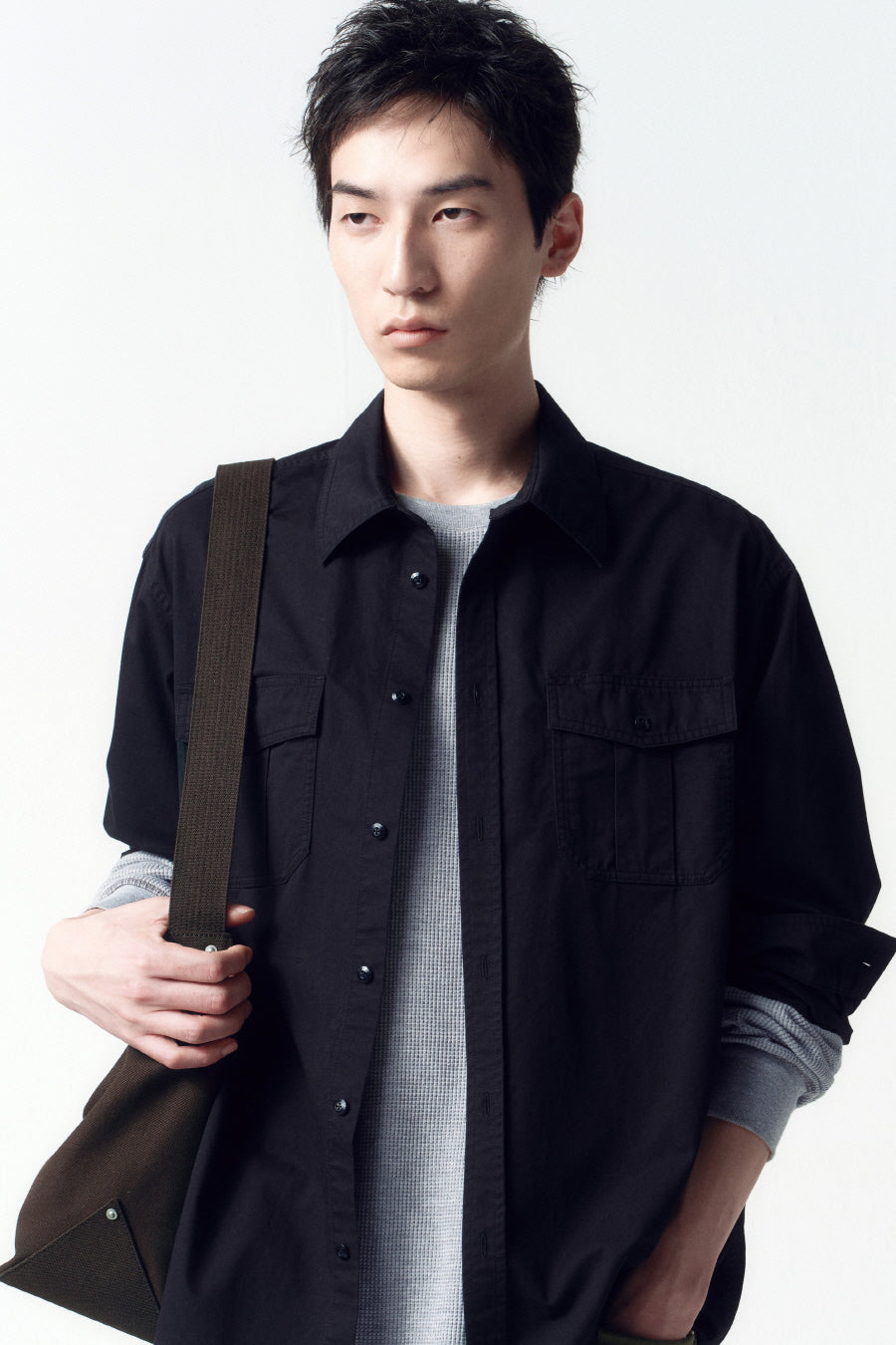 Insilence - Washed Cotton CPO Shirt (Washed Black) product image 2 | TRAB K-Fashion Australia