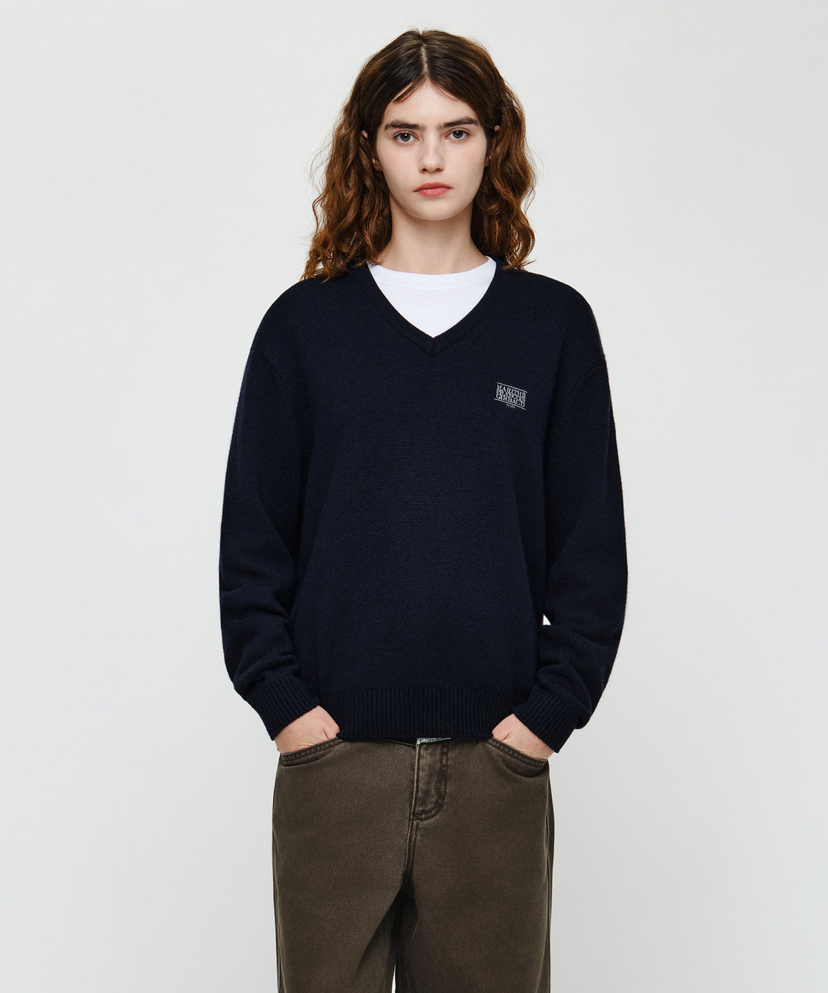 Marithe & Francois Girbaud - Small Classic Logo Oversized V-neck Knit Pullover (Dark Navy) product image 1 | TRAB K-Fashion Australia