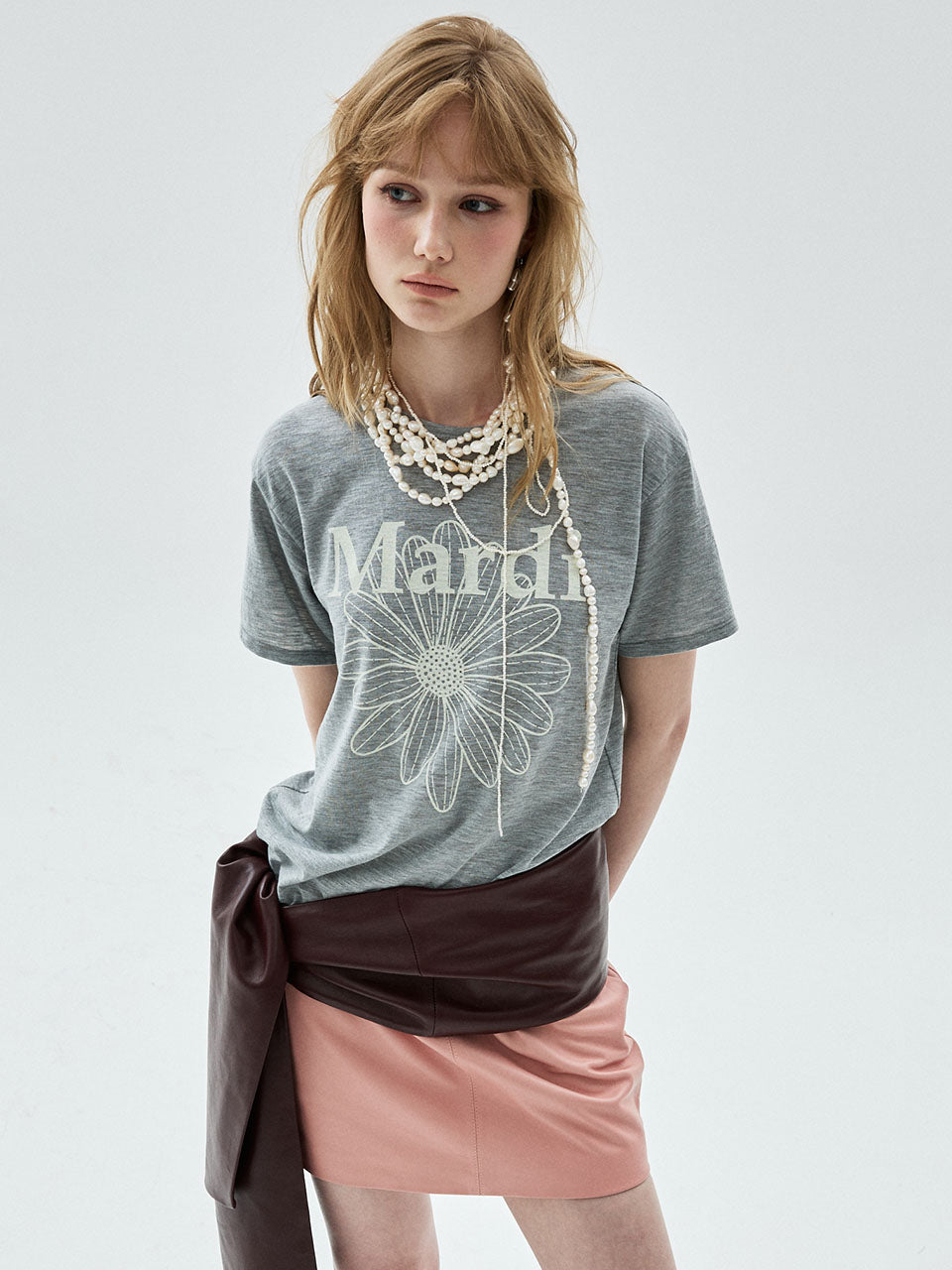 Mardi Mercredi - Slub Cotton Relaxed Tshirt Flowermardi (Grey Ivory) product image 1 | TRAB K-Fashion Australia