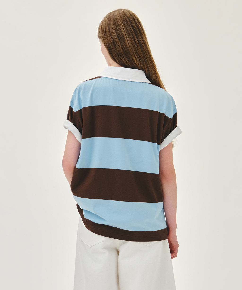 Marithe & Francois Girbaud - Small Classic Logo Rugby Stripe Oversized Collar Tee (Sky Blue) product image 3 | TRAB K-Fashion Australia
