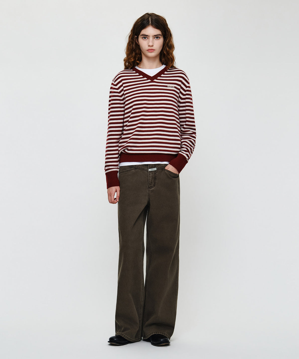 Marithe & Francois Girbaud - Micro Classic Logo V-neck Knit (Burgundy) product image 3 | TRAB K-Fashion Australia