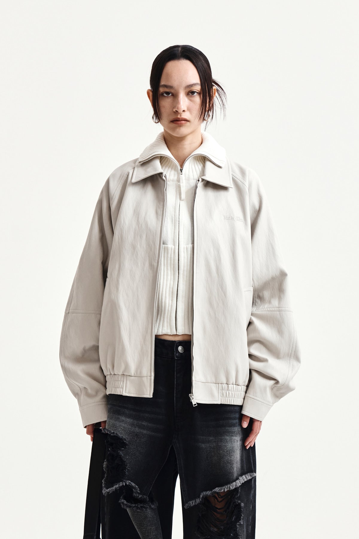 Matin Kim - Small Logo Faux Leather Zip Up Jumper (Light Grey) product image 6 | TRAB K-Fashion Australia