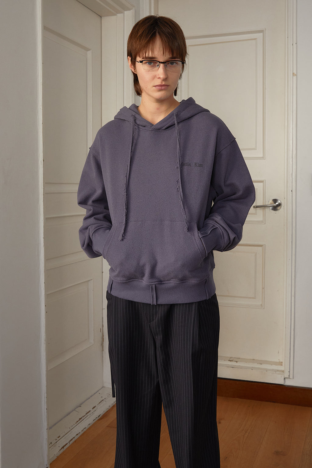 Matin Kim - Rib Cut Detail Logo Hoody (Smoke Blue) product image 11 | TRAB K-Fashion Australia