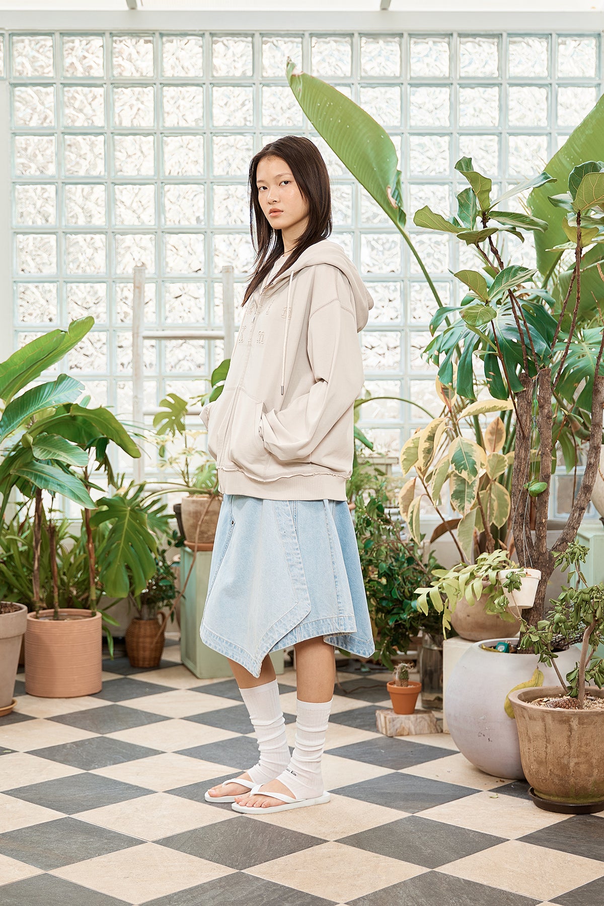 Matin Kim - Applique Cutted Logo Hoody Zip Up (Beige) product image 7 | TRAB K-Fashion Australia