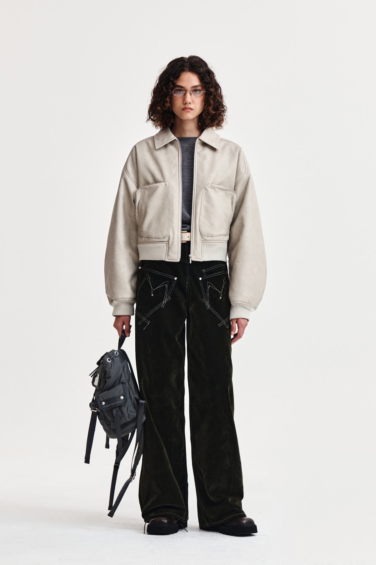 Matin Kim - Faux Leather Out Pocket Jumper (Light Grey) product image 8 | TRAB K-Fashion Australia