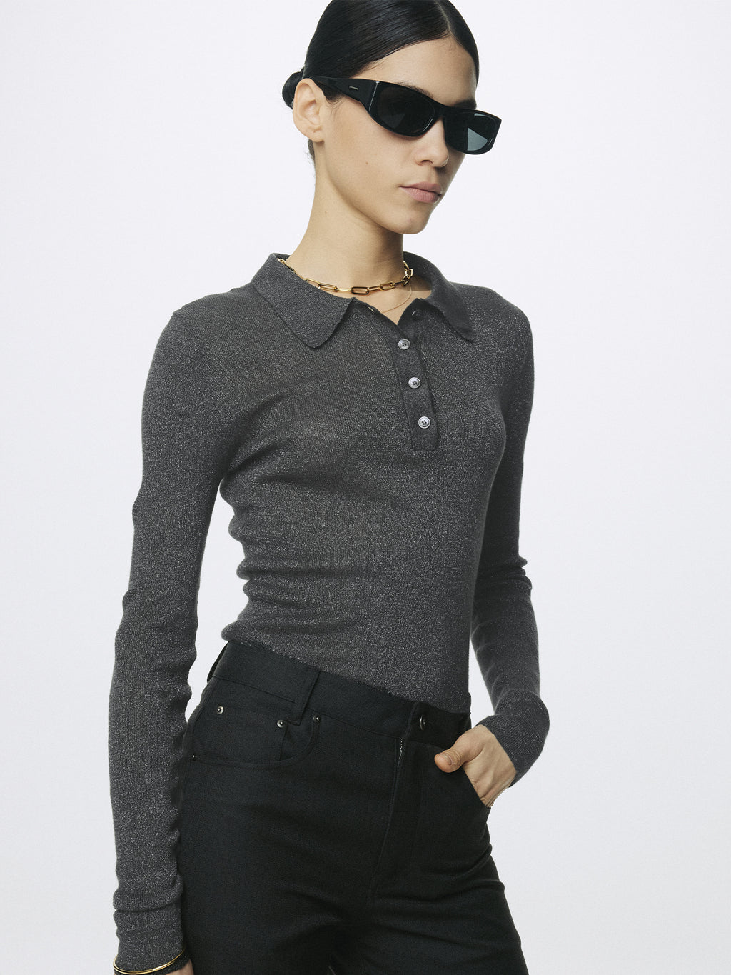 Tonywack - Glitter Ribbed Knit Polo Shirt (Charcoal) product image 3 | TRAB K-Fashion Australia
