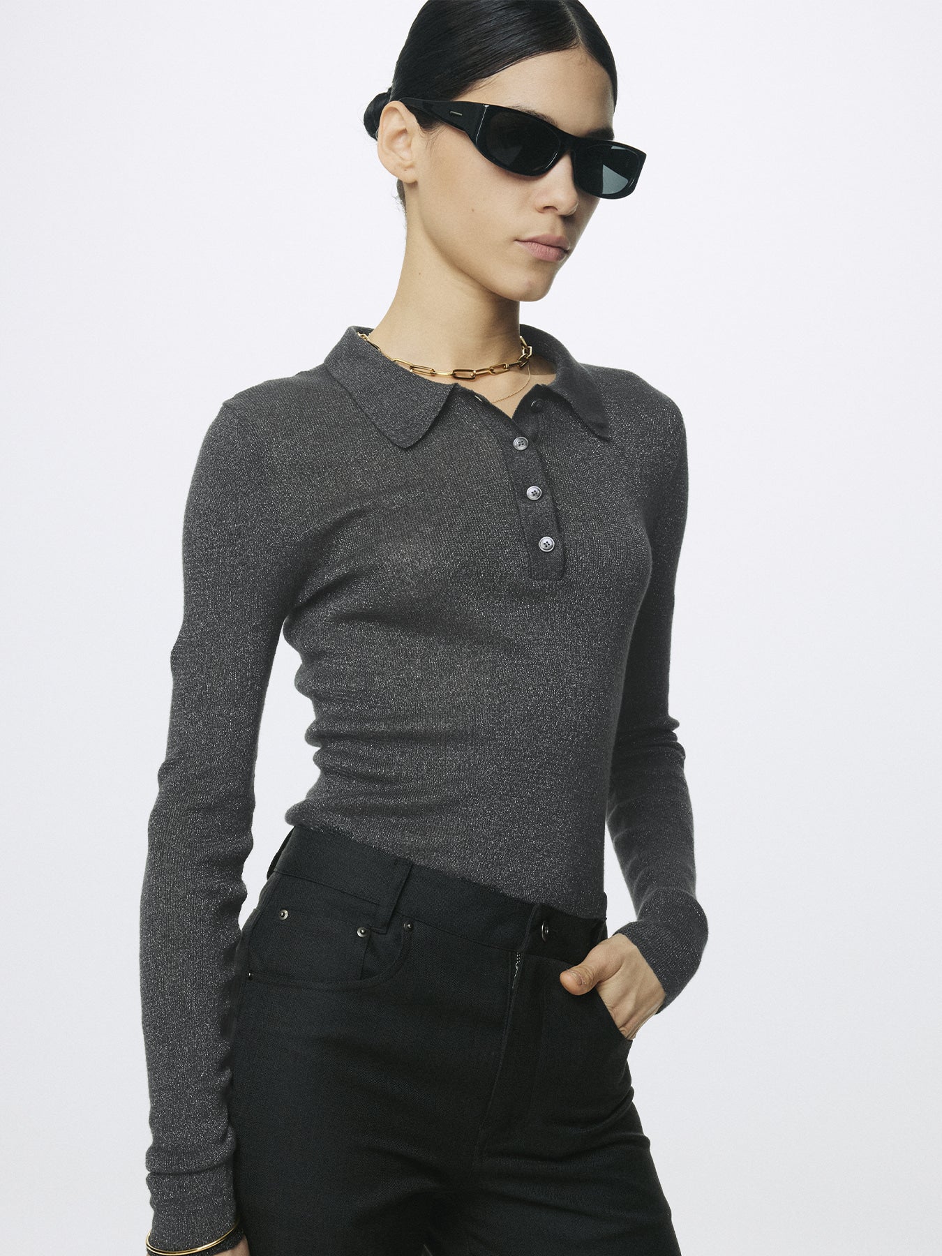 Tonywack - Glitter Ribbed Knit Polo Shirt (Charcoal) product image 3 | TRAB K-Fashion Australia