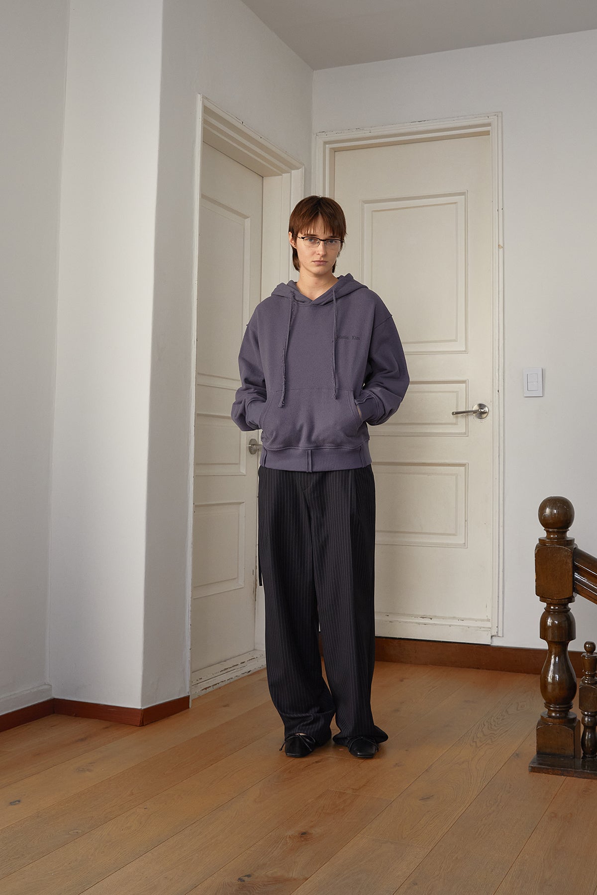 Matin Kim - Rib Cut Detail Logo Hoody (Smoke Blue) product image 9 | TRAB K-Fashion Australia