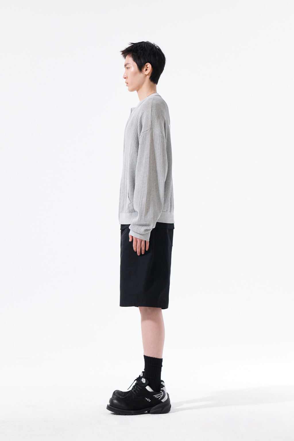 Matin Kim - Back Logo Jacquard Mesh Knit Zip Up (Light Grey) product image 12 | TRAB K-Fashion Australia