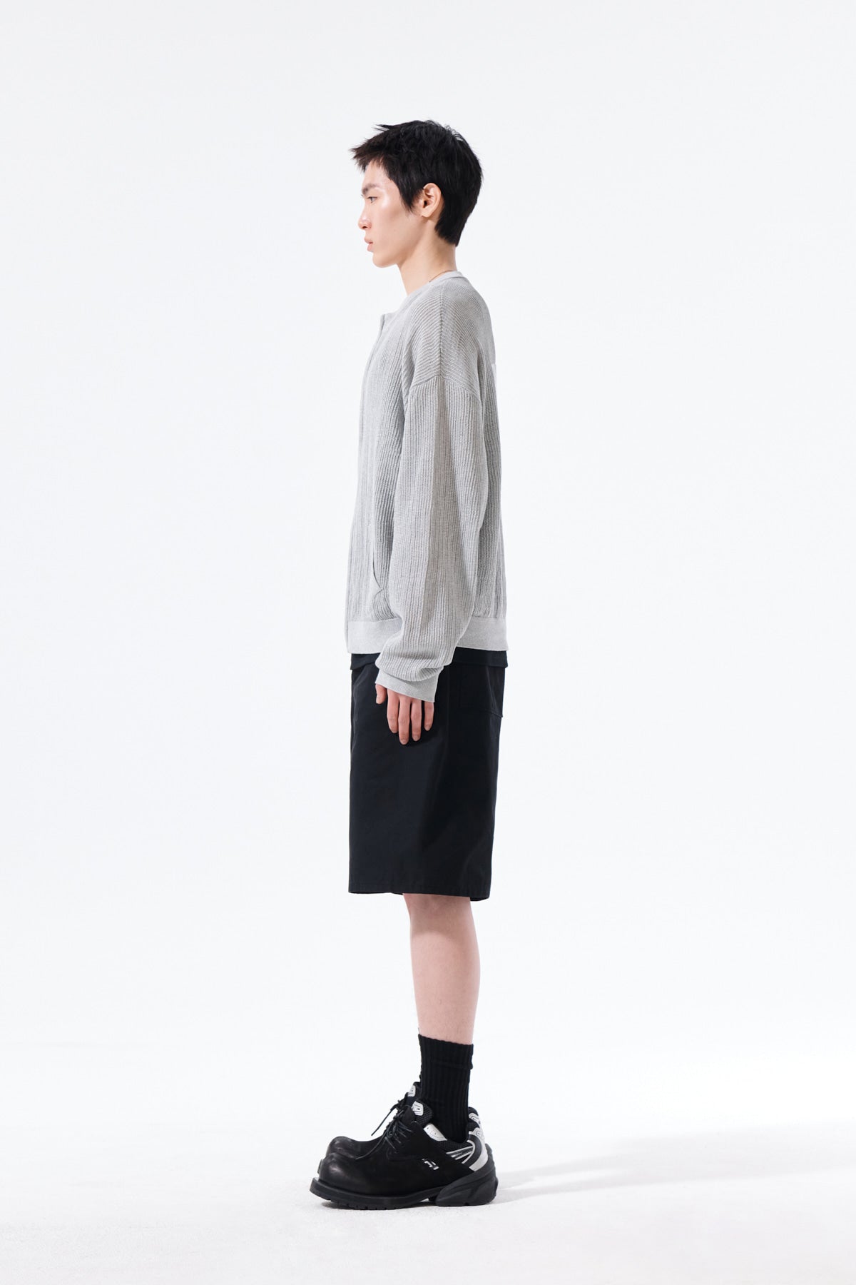 Matin Kim - Back Logo Jacquard Mesh Knit Zip Up (Light Grey) product image 12 | TRAB K-Fashion Australia