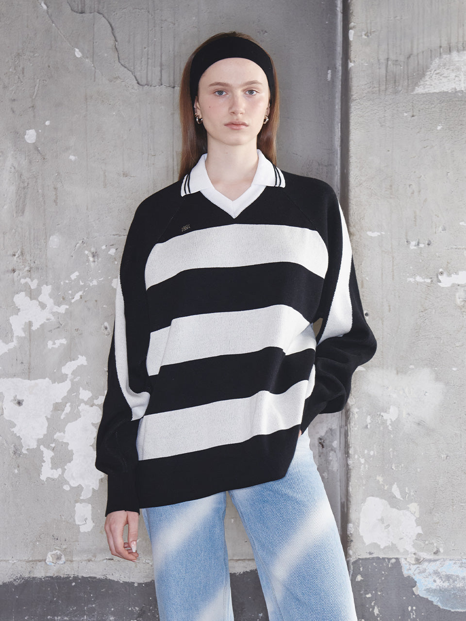 Kijun - Striped Knit Rugby Top (Black Cream) product image 1 | TRAB K-Fashion Australia