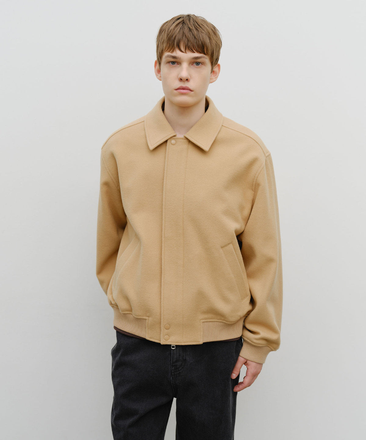 Marithe & Francois Girbaud - Wool Collar Varsity Jacket (Beige) product image 1 | TRAB K-Fashion Australia