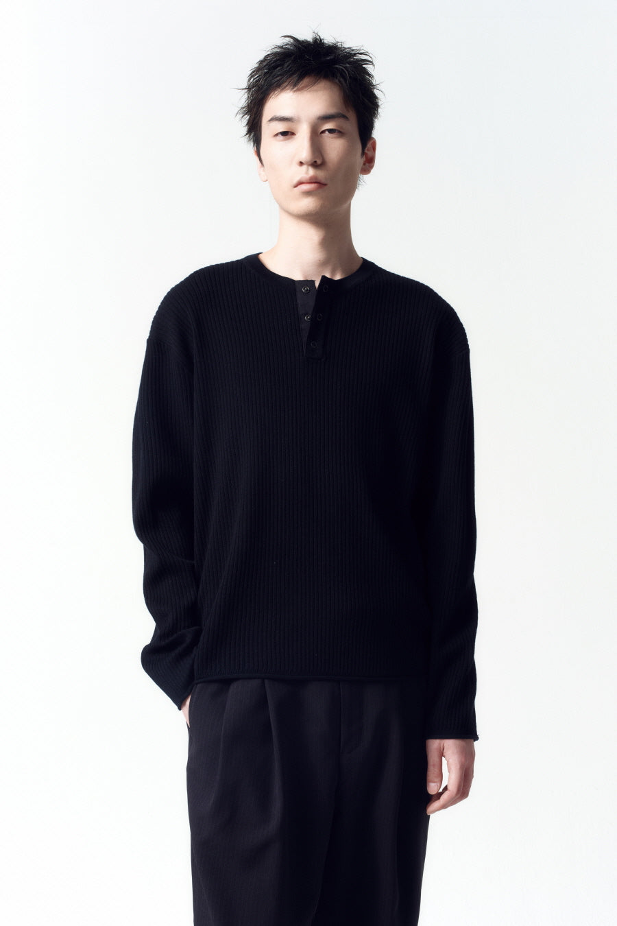 Insilence - Ribbed Henley Neck Knit (Black) product image 1 | TRAB K-Fashion Australia
