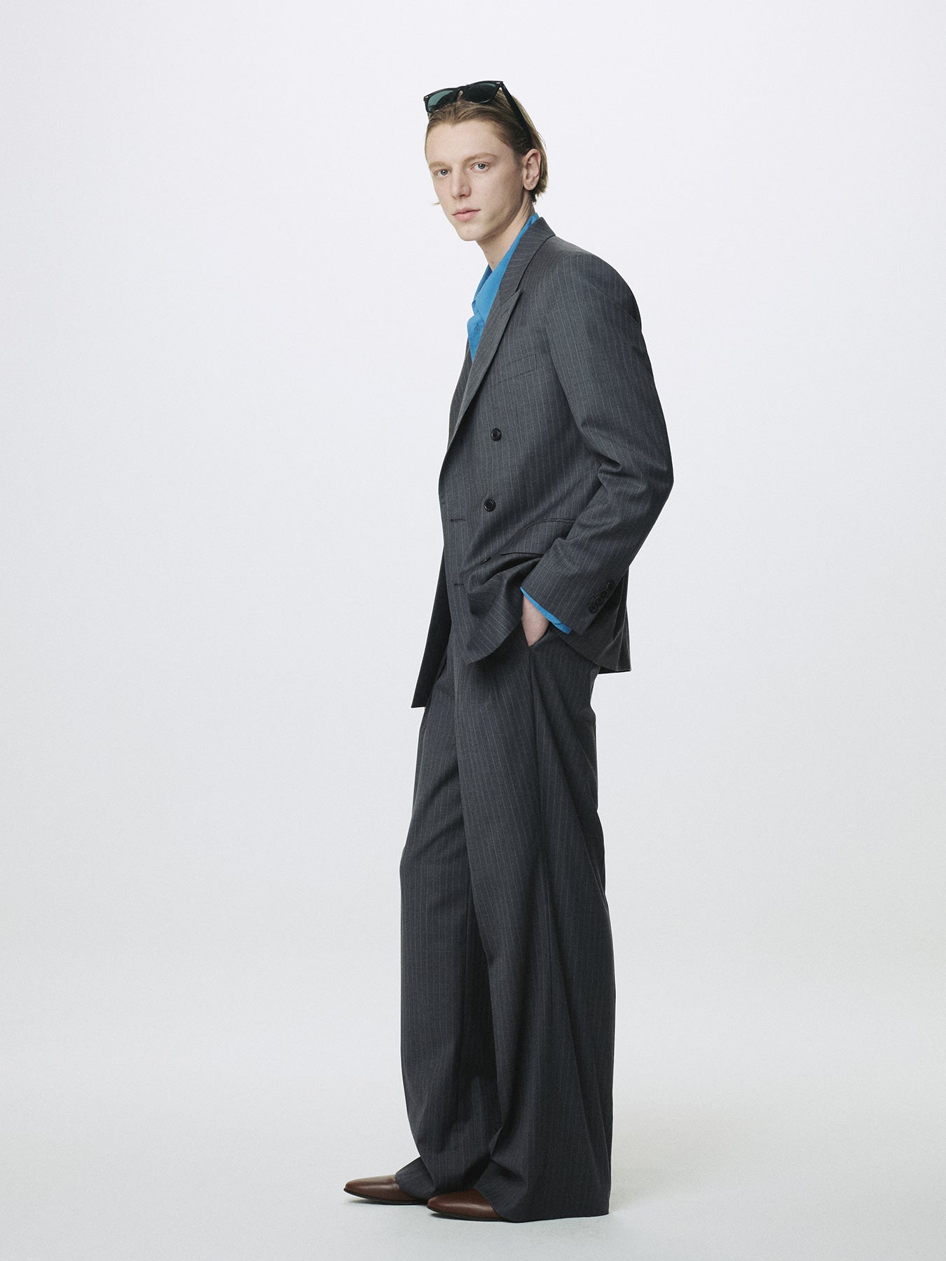 Tonywack - Striped Wool Double-Pleated Wide Trousers (Grey Stripe) product image 1 | TRAB K-Fashion Australia