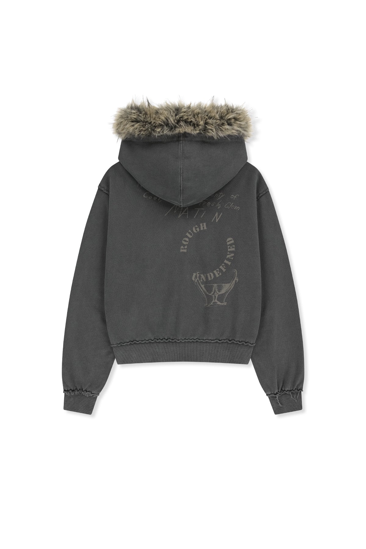 Matin Kim - Vintage Graffiti Fur-trim Hoody Zip Up (Charcoal) product image 2 | TRAB K-Fashion Australia