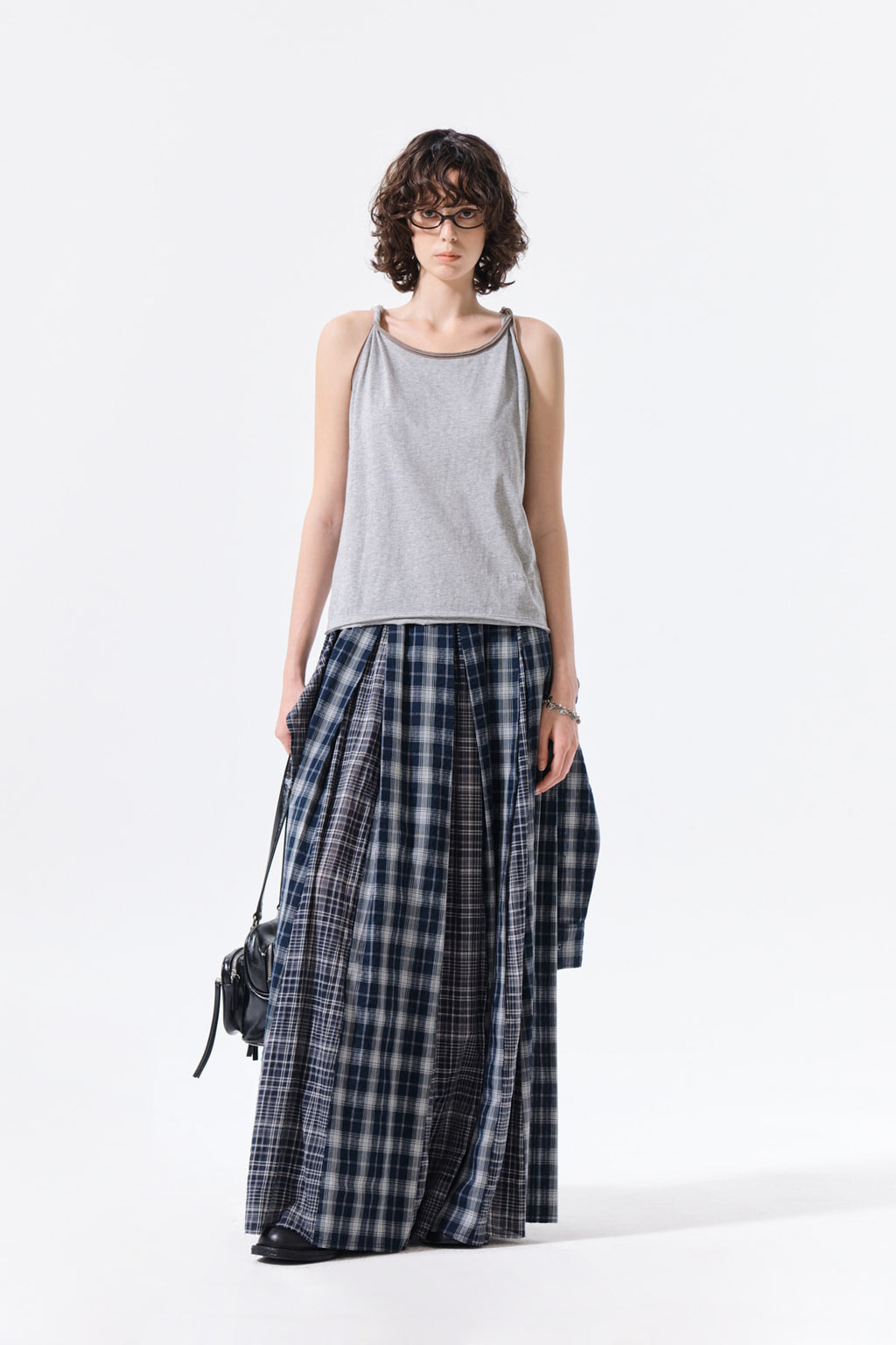 Matin Kim - Mixed Check Sleeve Tie Flare Skirt (Navy) product image 9 | TRAB K-Fashion Australia
