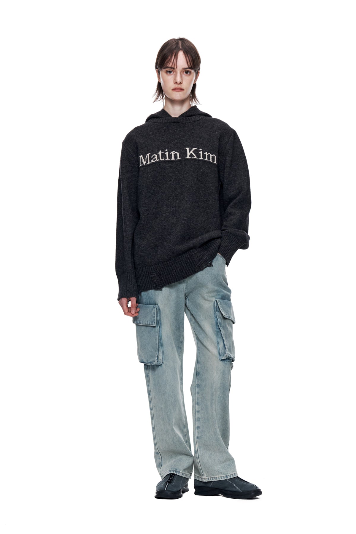 Matin Kim - Damage Logo Knit Hoodie (Charcoal) product image 8 | TRAB K-Fashion Australia