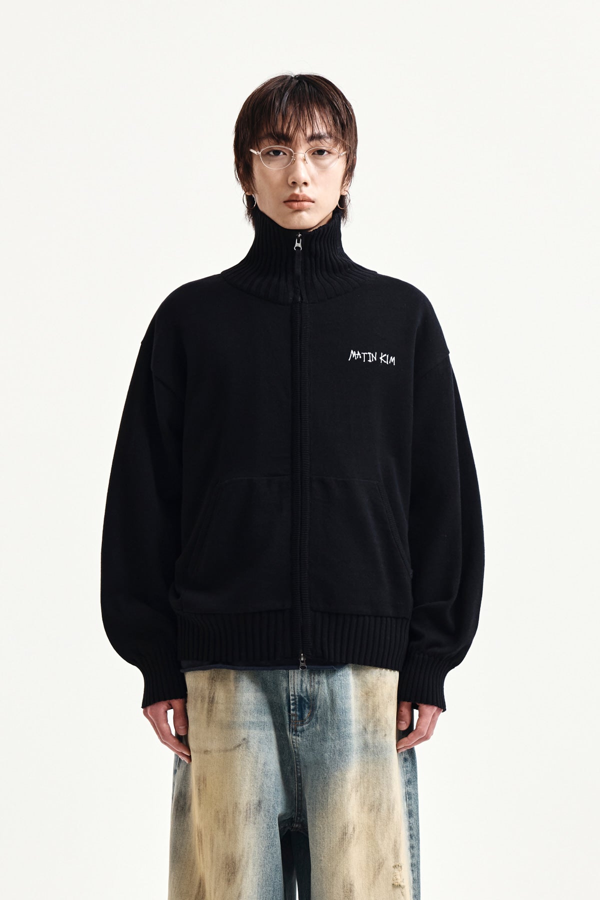 Matin Kim - High Neck Embroidered Logo Zip Up (Black) product image 5 | TRAB K-Fashion Australia