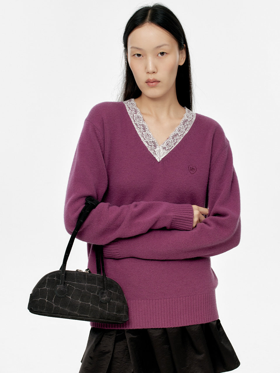 Marge Sherwood - Bessette Shoulder (Black Croc-Effect Suede) product image 2 | TRAB K-Fashion Australia