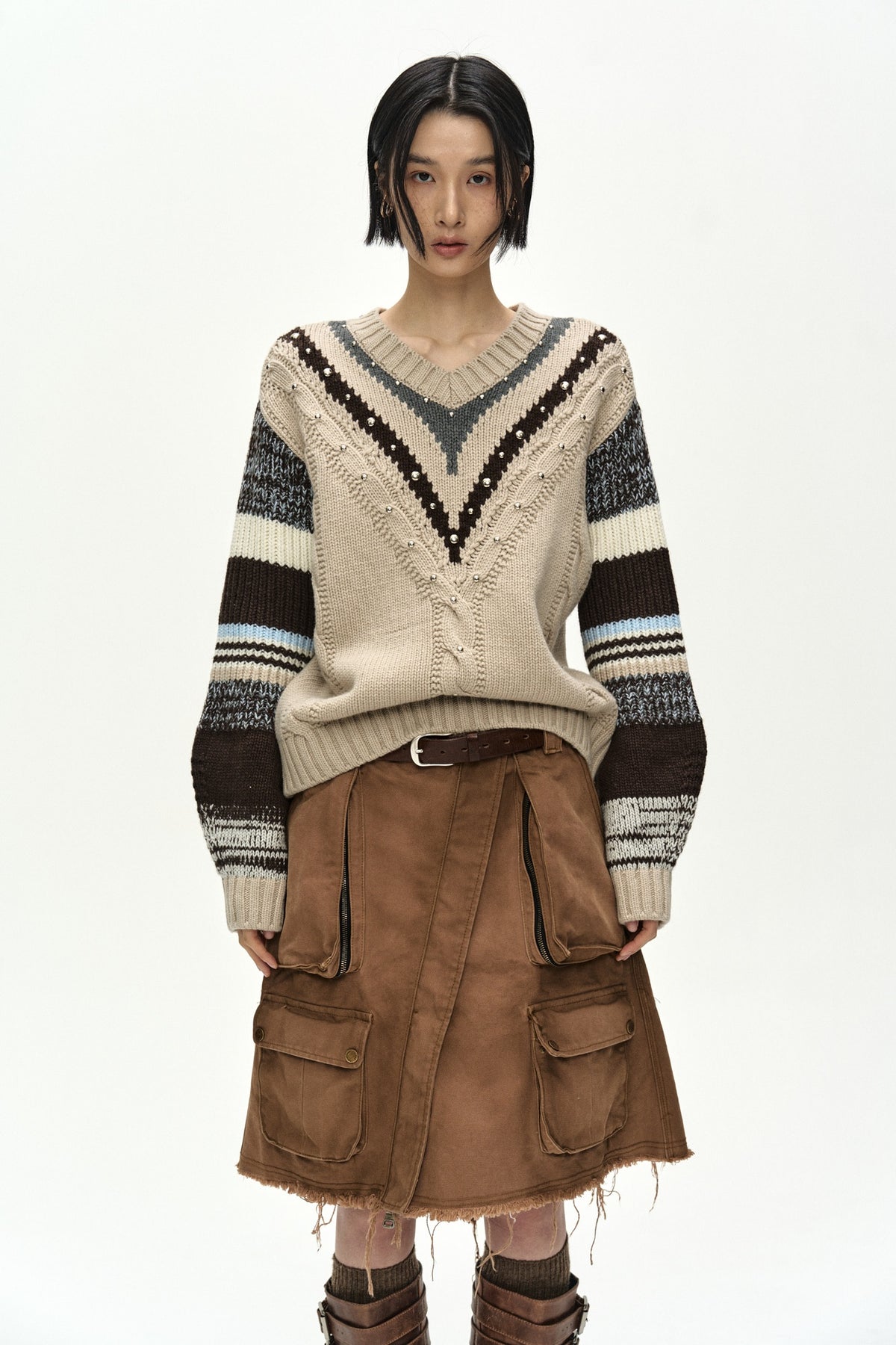 Andersson Bell - Studded Cable V-Neck Multi-Stripe Pullover (Ecru) product image 3 | TRAB K-Fashion Australia