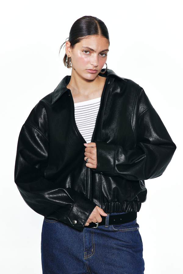 Deinet - Faux-Leather Bomber Banded Jumper (Black) product image 9 | TRAB K-Fashion Australia