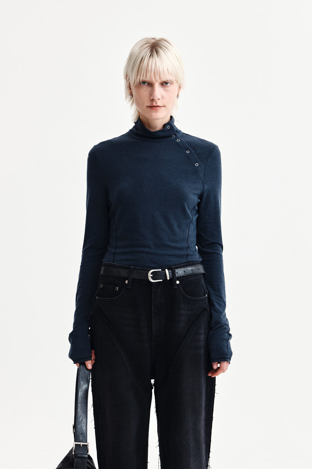 Matin Kim - Button Slit Half Neck Top (Navy) product image 1 | TRAB K-Fashion Australia