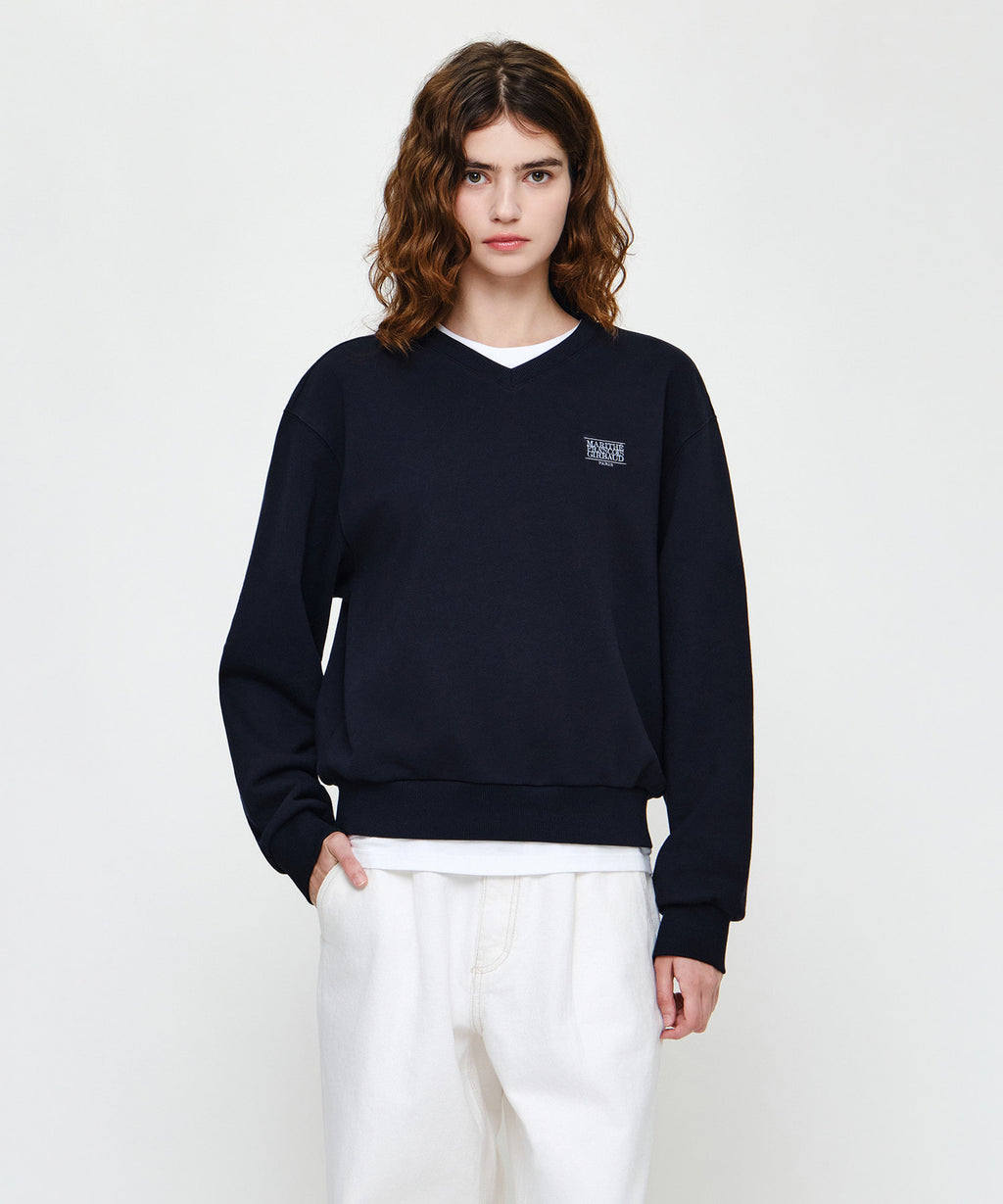 Marithe & Francois Girbaud - Small Classic Logo V Neck Balloon Sweatshirt (Navy) product image 1 | TRAB K-Fashion Australia