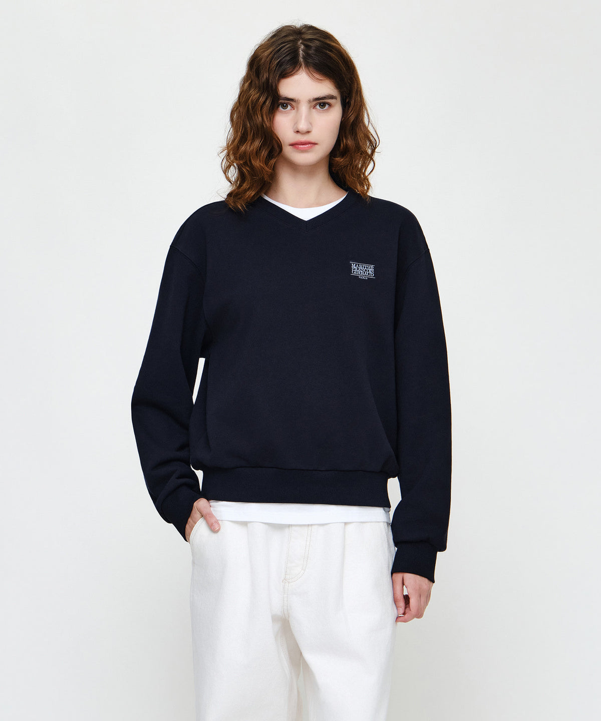 Marithe & Francois Girbaud - Small Classic Logo V Neck Balloon Sweatshirt (Navy) product image 1 | TRAB K-Fashion Australia