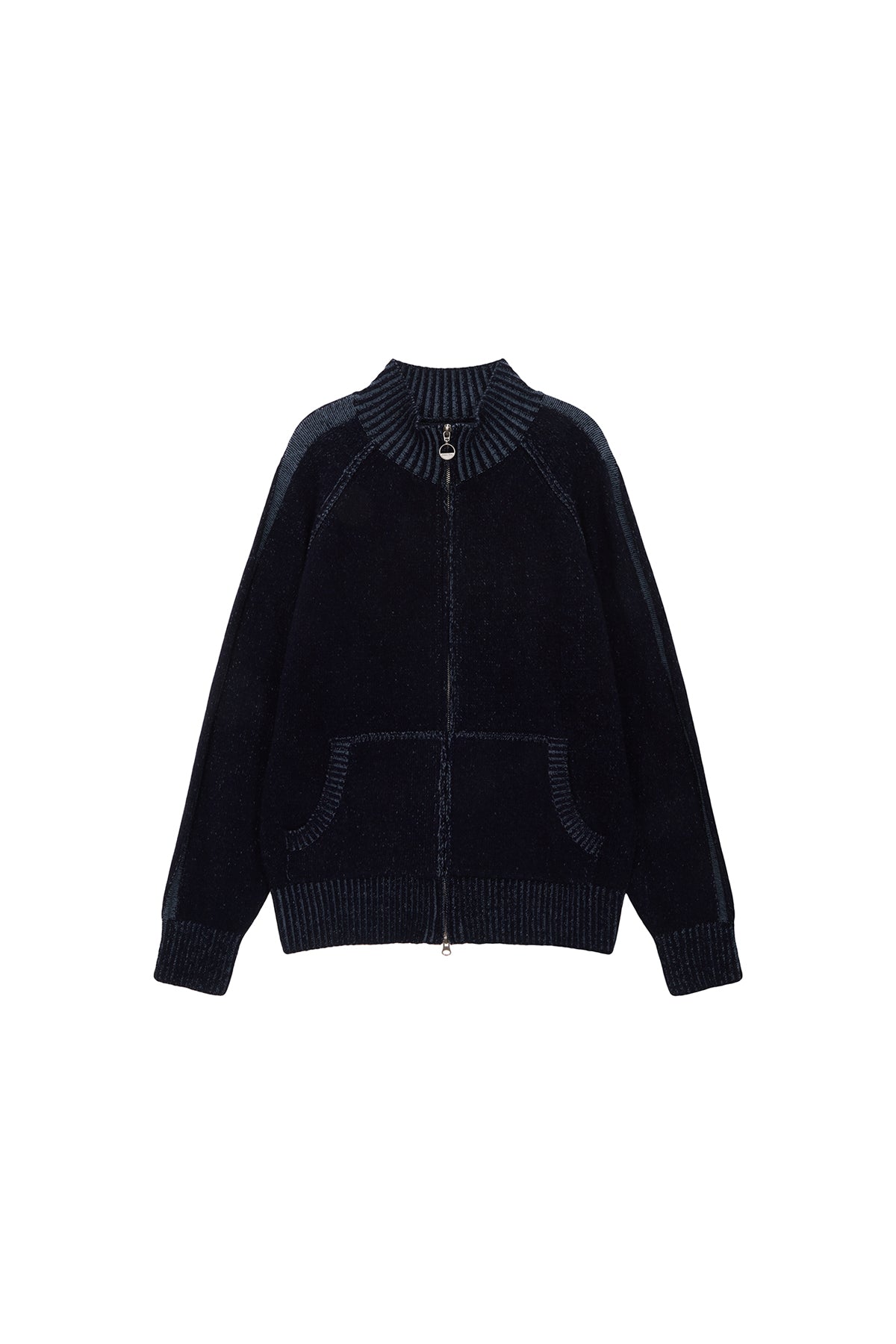 Matin Kim - Two Tone Mixed Knit Zip Up (Navy) product image 1 | TRAB K-Fashion Australia