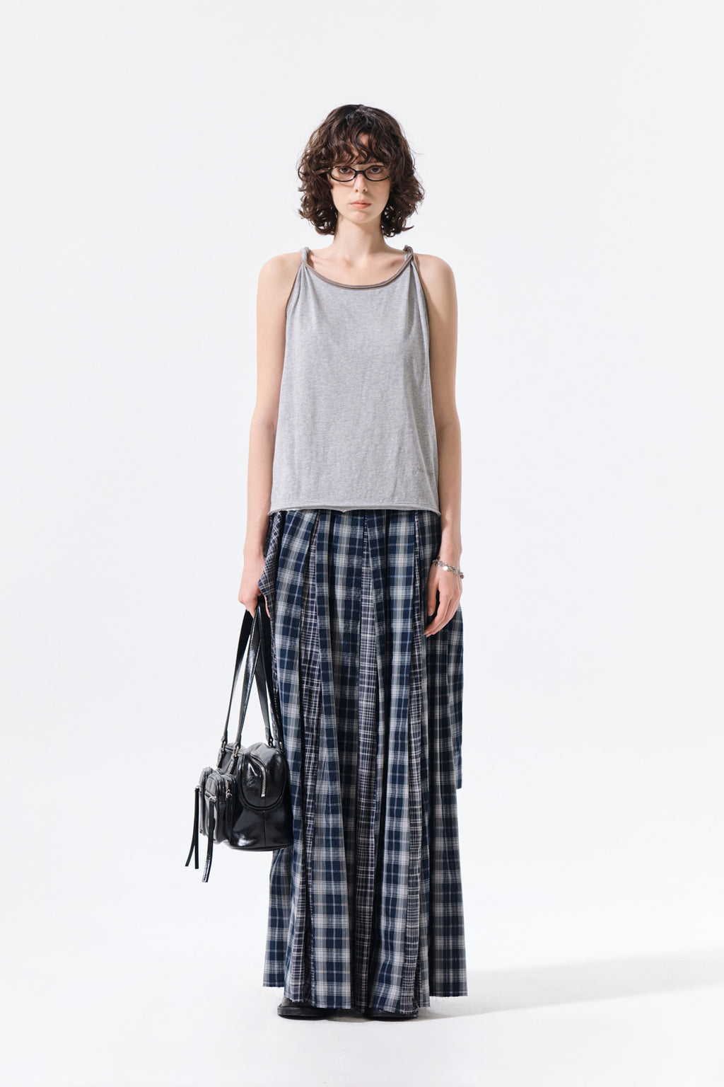 Matin Kim - Mixed Check Sleeve Tie Flare Skirt (Navy) product image 6 | TRAB K-Fashion Australia