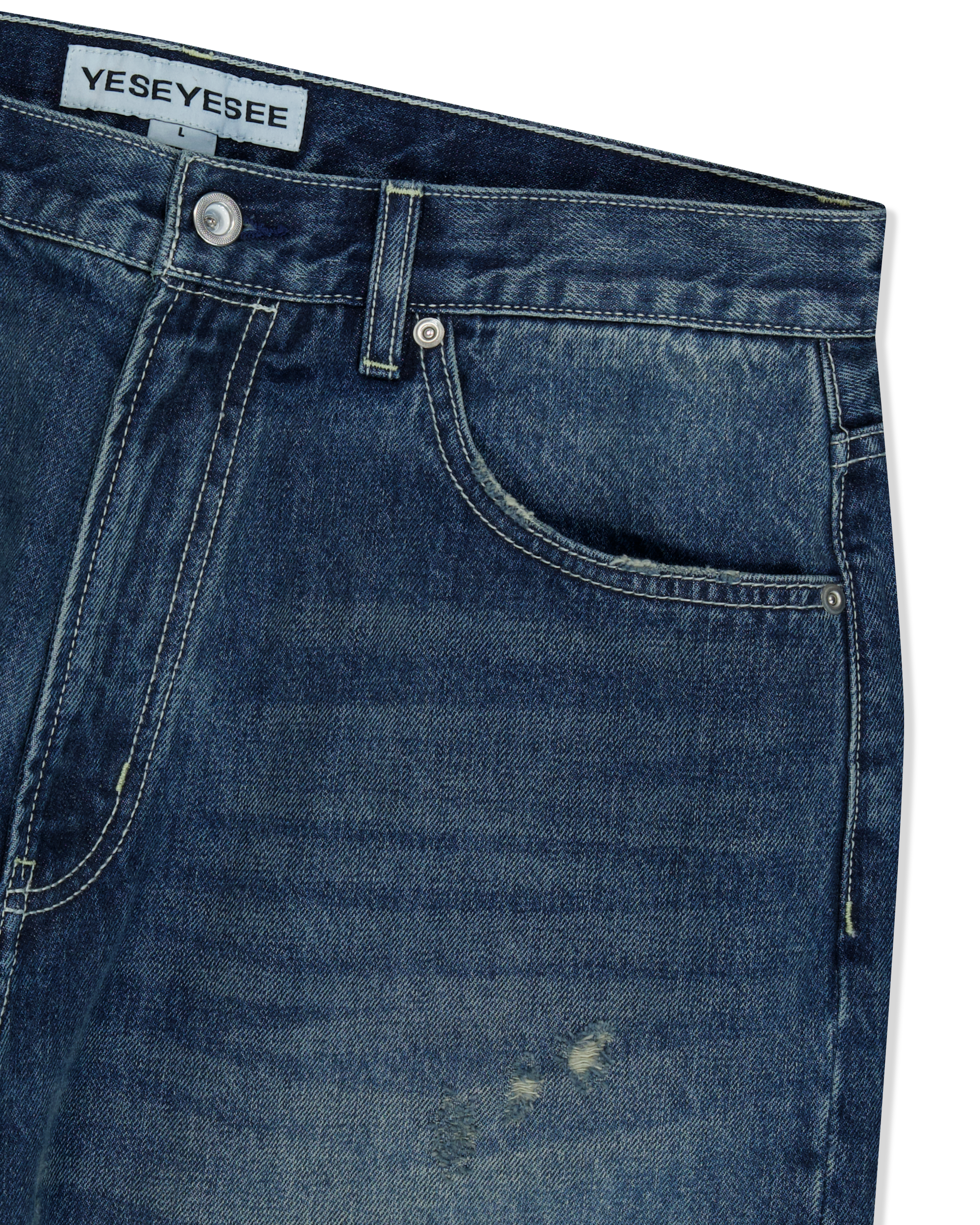 yeseyesee - Distressed 5 Pockets Denim Pants (Medium Indigo) product image 3 | TRAB K-Fashion Australia