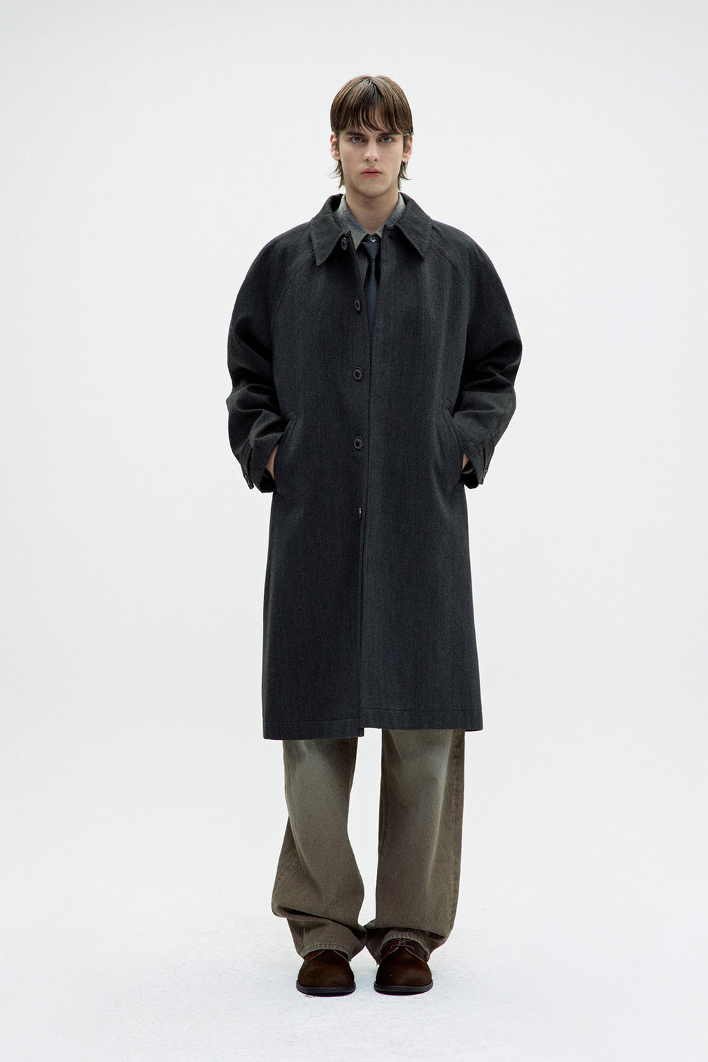Coor - Round Shoulder Leather Trim Balmaacan Coat (Charcoal) product image 2 | TRAB K-Fashion Australia