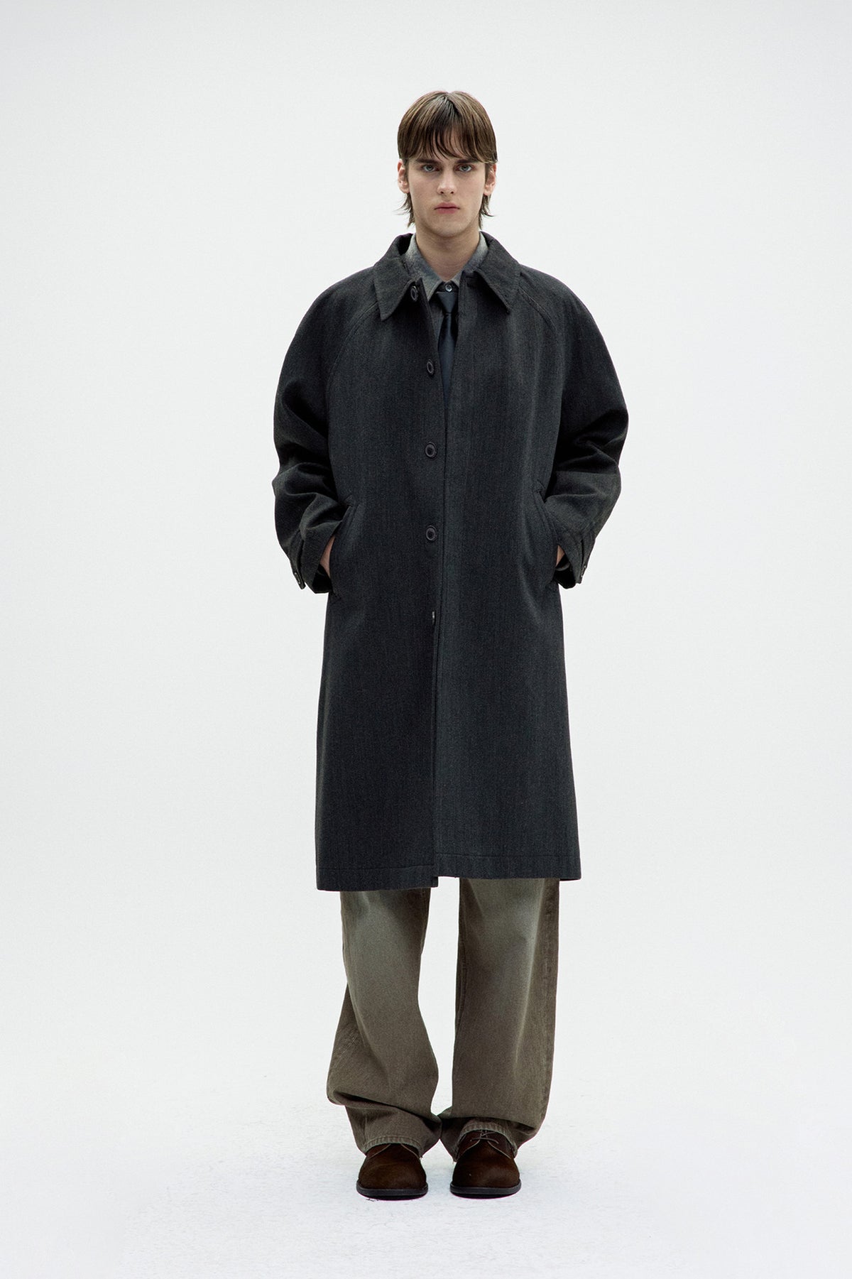 Coor - Round Shoulder Leather Trim Balmaacan Coat (Charcoal) product image 2 | TRAB K-Fashion Australia