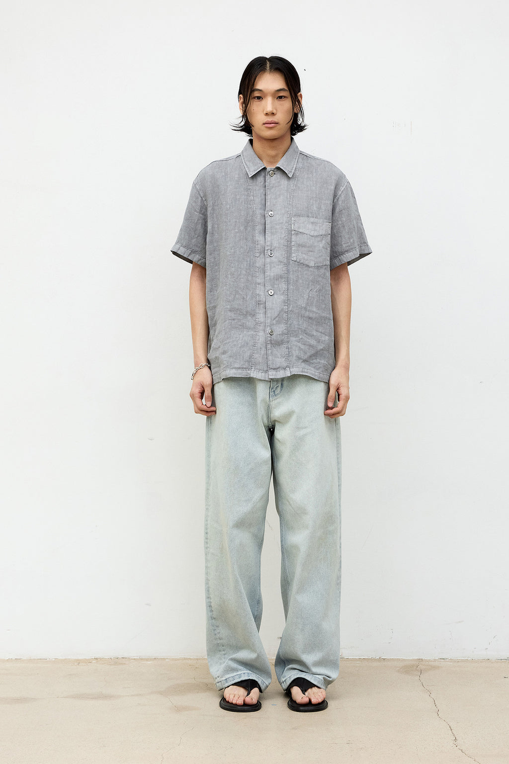 Coor - Linen Dyed Cropped Half Shirt (Washed Gray) product image 2 | TRAB K-Fashion Australia