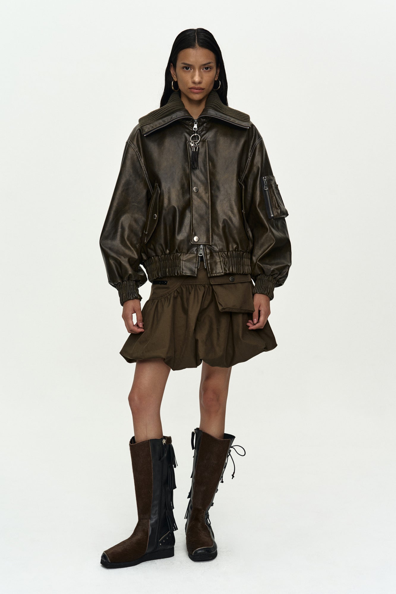 Andersson Bell - Knit-Collar Ma-1 Bomber Jacket (Khaki) product image 2 | TRAB K-Fashion Australia