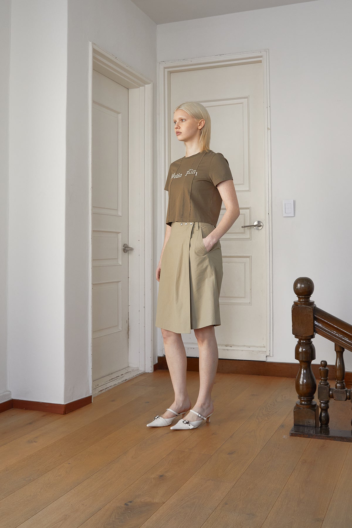 Matin Kim - Unbalance Typo Logo Crop Top (Khaki) product image 6 | TRAB K-Fashion Australia