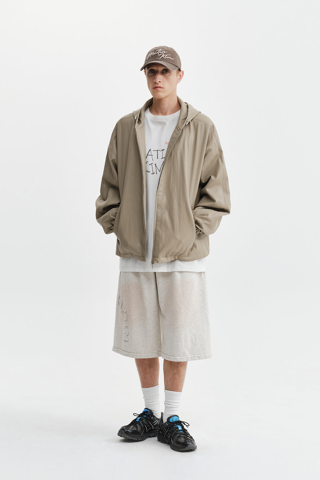 Matin Kim - Faux Leather Applique Logo Hoody Jumper (Beige) product image 10 | TRAB K-Fashion Australia