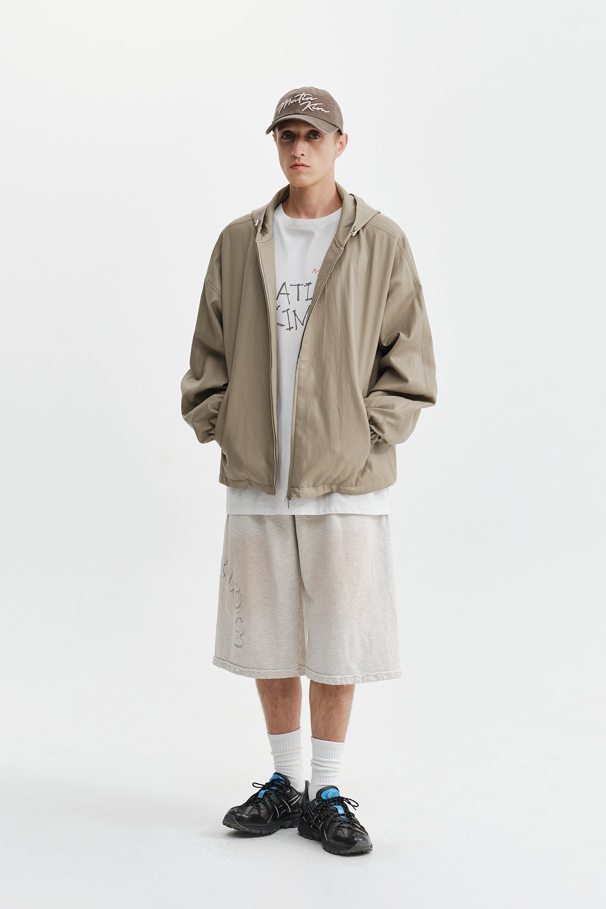 Matin Kim - Faux Leather Applique Logo Hoody Jumper (Beige) product image 10 | TRAB K-Fashion Australia