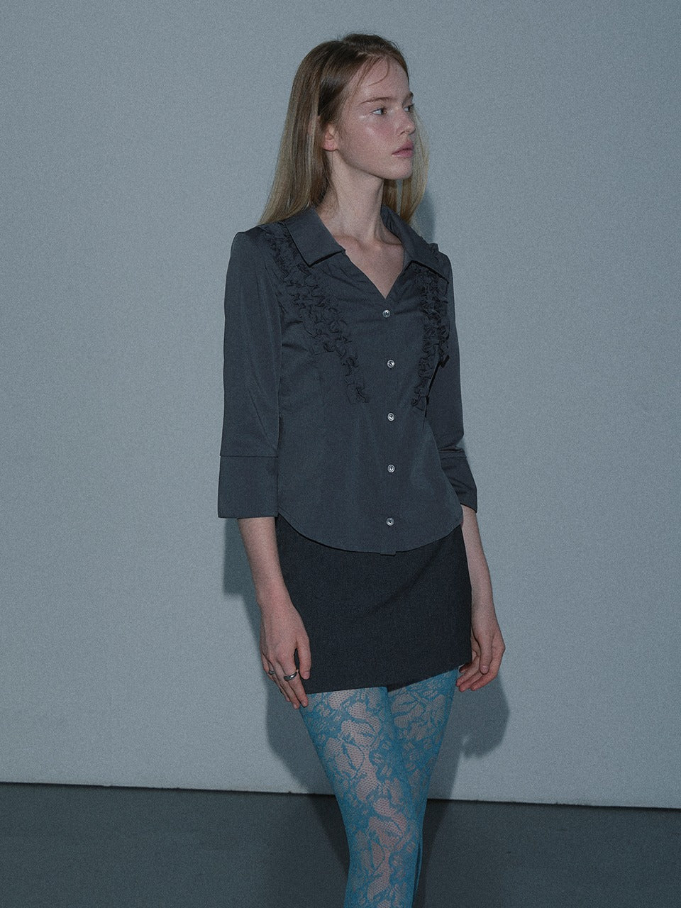Margarin Fingers - Frill Open Collar Shirt (Charcoal) product image 1 | TRAB K-Fashion Australia