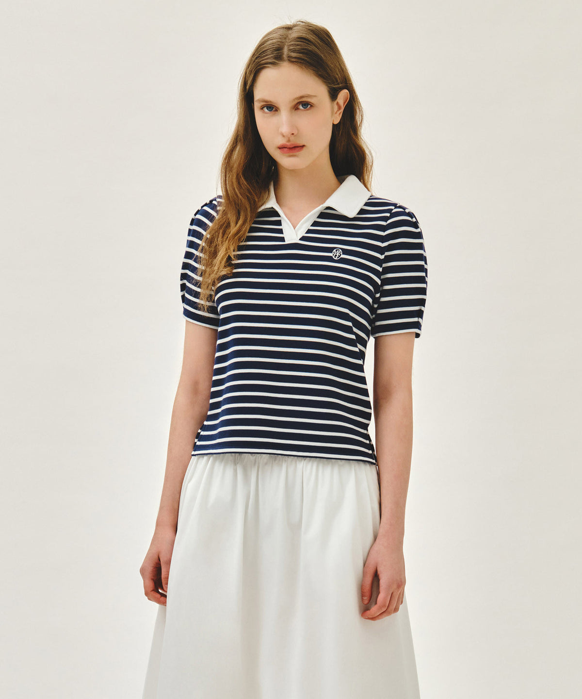 Marithe & Francois Girbaud - Collar Stripe Half Sleeve Crop Sweatshirt (Blue) product image 1 | TRAB K-Fashion Australia
